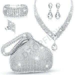 Silver Rhinestone Jewelry Set with Clutch Elegant Evening Party Wedding